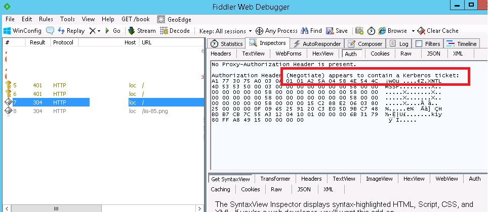 Fiddler - Authorization Header (Negotiate) appears to contain a Kerberos ticket