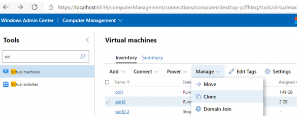 cloning hyper-v virtual machine in Windows Admin Center v2009