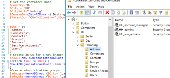 Create nested OUs, groups and assign AD permissions with PowerShell script