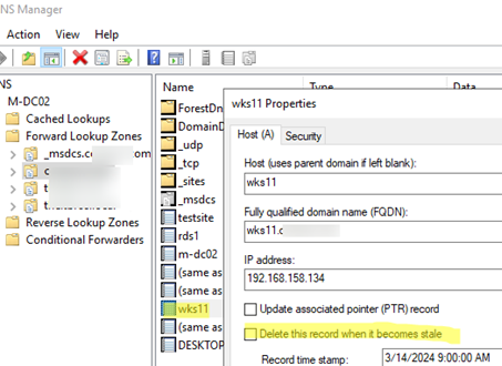 DNS option: Delete this record them it becomes stale 