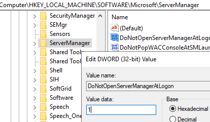 DoNotOpenServerManagerAtLogon -registry parameter