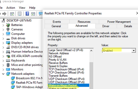 Enable Wake on magic packet in NIC driver properties