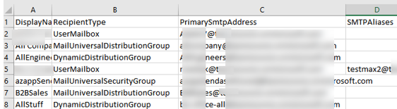 Export list of all Primary SMTP addresses and aliases to CSV file with PowerShell