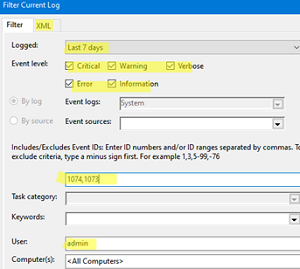 Filter event log by event id and username