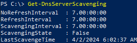 Get-DnsServerScavenging settings