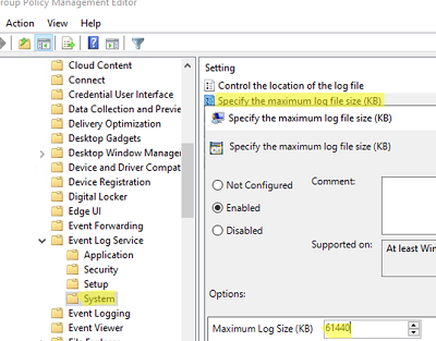 GPO: Specify the maximum log file size 