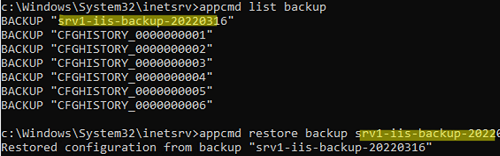 restore iis config files from a backup with appcmd