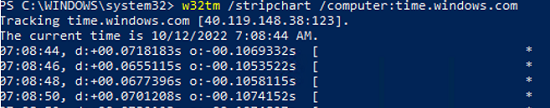 w32tm /stripchart - show time offset between local computer and time server