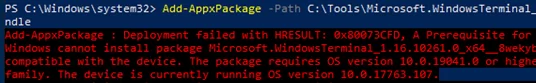 0x80073CFD: Prerequisite for an install could not be satisfied - Microsoft.WindowsTerminal install error 