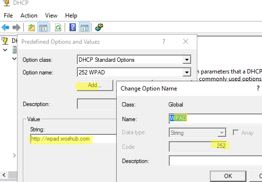 Add 252 WPAD option on DHCP server