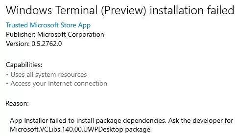 Appx installer failed install package dependencies
