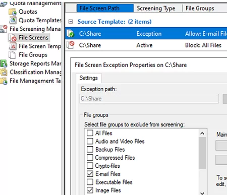 Block not allowed file types with FSRM 