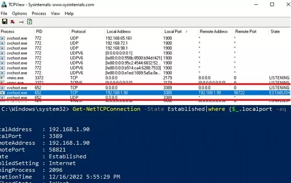 check connection source ip and port in windows