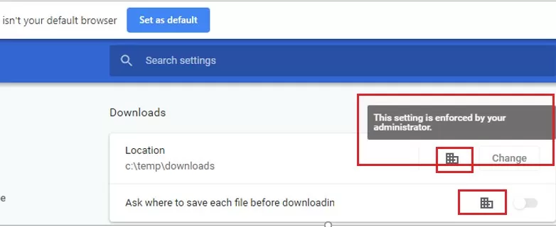 chrome message: This settings is enforced by your administrator