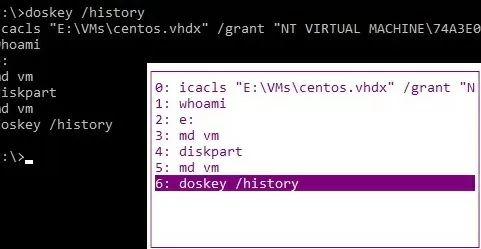 cmd list commands - doskey /history
