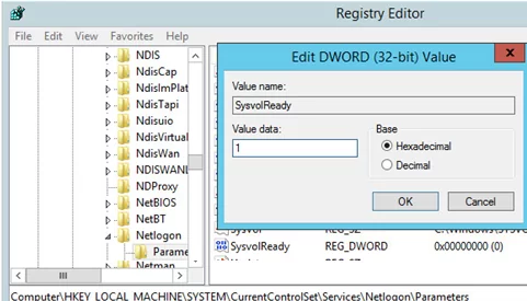 dc registry SysvolReady set to 1