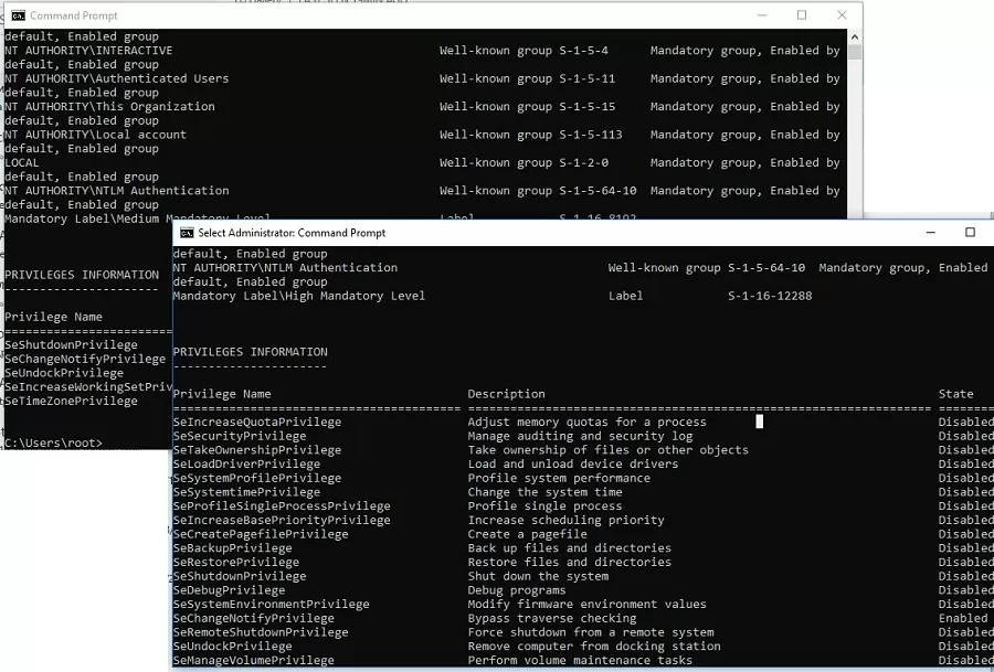 different user privileges in the elevated and normal sessions