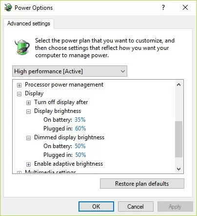 disable adaptive brightness in win10