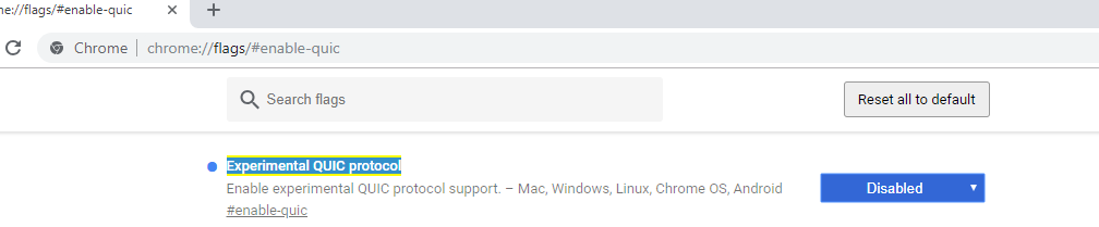 disable Experimental QUIC protocol in google chrome