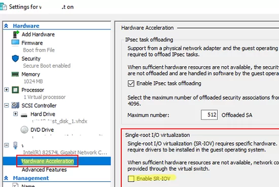 enable SR-IOV for a Hyper-V VM in Hardware Acceleration settings