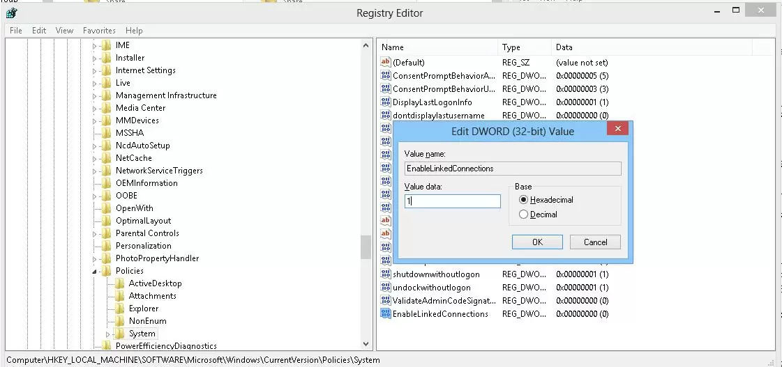 EnableLinkedConnections key in registry