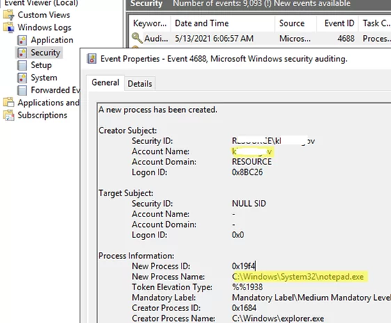 EventID 4688 (A new process has been created) 