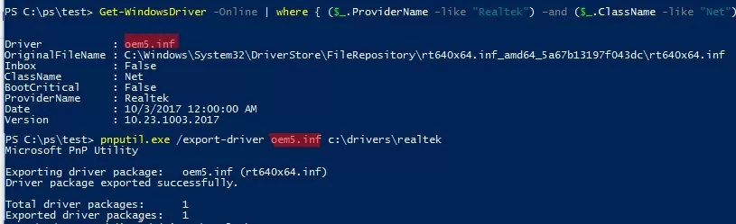 export only one specific driver in windows using pnputil