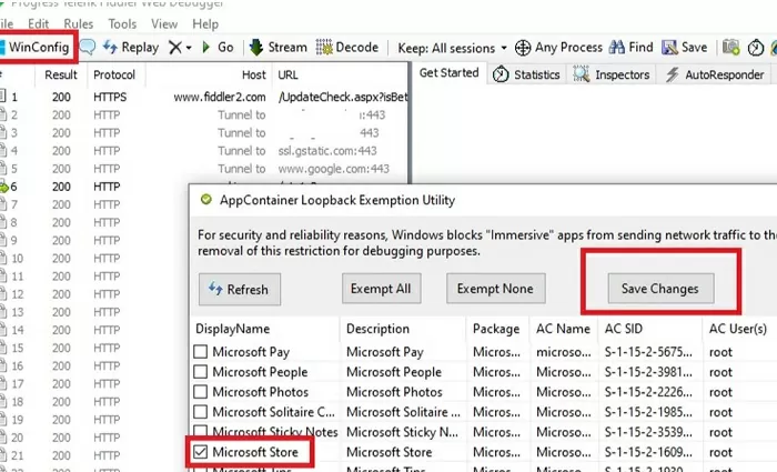 debug microsoft store traffic with appcontainer loopback exemption utility in fiddler 