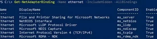 Get-NetAdapterBinding view enabled network protocols