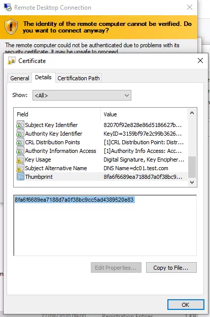 get rdp certificate Thumbprint 