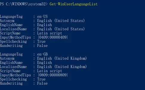 Get-WinUserLanguageList - list installed languages in windows 10