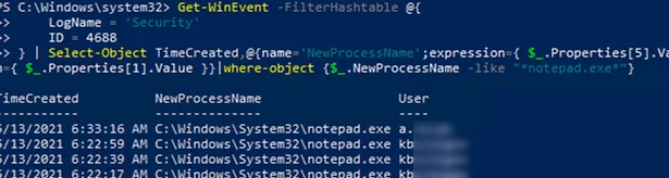 getting history of running processes from Event Viewer using PowerShell 