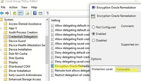 GPO: Enable CredSSP encryption oracle remediation vulnerable