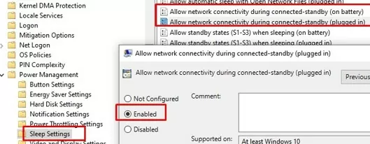 gpo: enable network standby in sleep mode