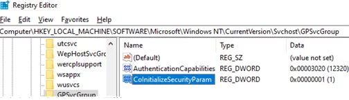 GPSvcGroup: AuthenticationCapabilities and CoInitializeSecurityParam parameters