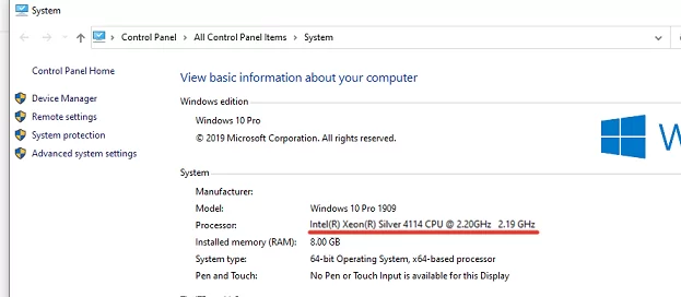Intel(R) Xeon(R) Silver 4114 multi core CPU on virtual macnine