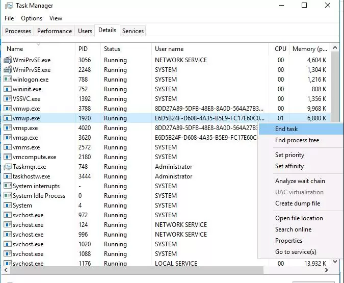 kill hung vm on hyper-v using task manager