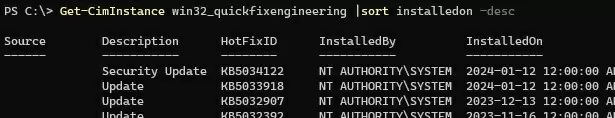 list installed updates with win32_quickfixengineering class