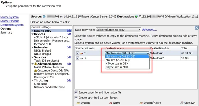 mainttain disk size vm converter