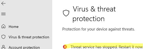 Microsoft Defender - Threat service has stopped. Restart it now