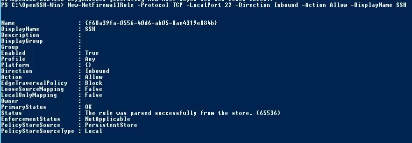 New-NetFirewallRule - add incoming rule port 22