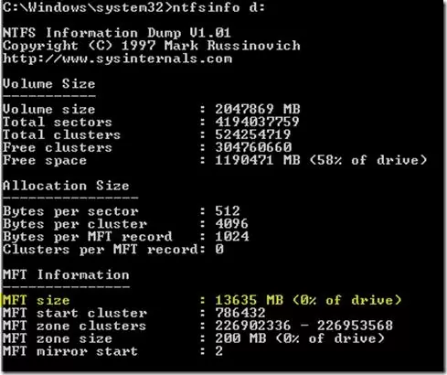 ntfsinfo  mft size on disk