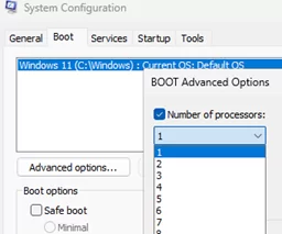 Number of processors and maximum memory at Windows boot