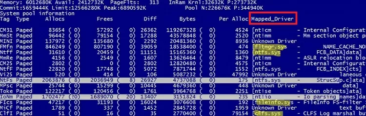 using pooltag.txt in poolmon to show mapped_driver files