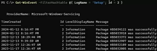 List Windows update installation events with Get-WinEvent