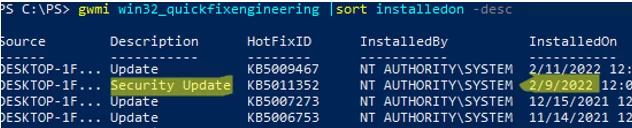 PowerShell: How to see the most recent updates Windows 10 installed?