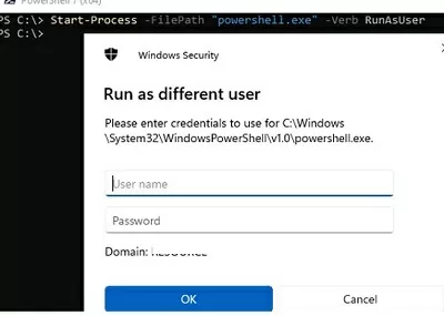 powershell: run process as different user