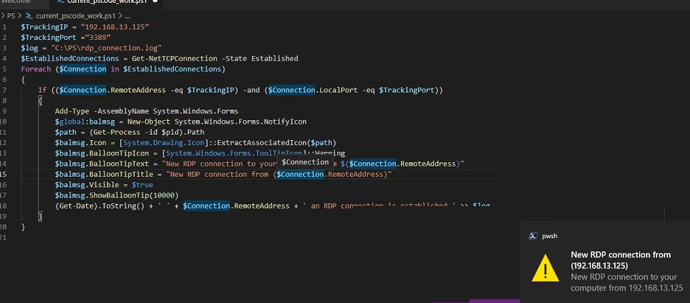 Powershell script: show popup message after remote connection to your computer is established 