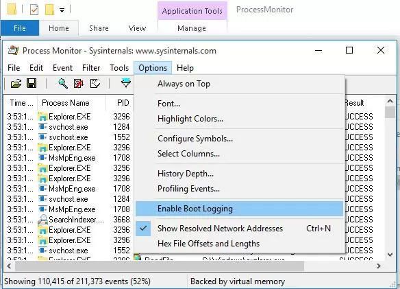 Process Monitor Enable Boot Logging