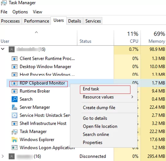 rdp clipboard monitor - end task using task manager